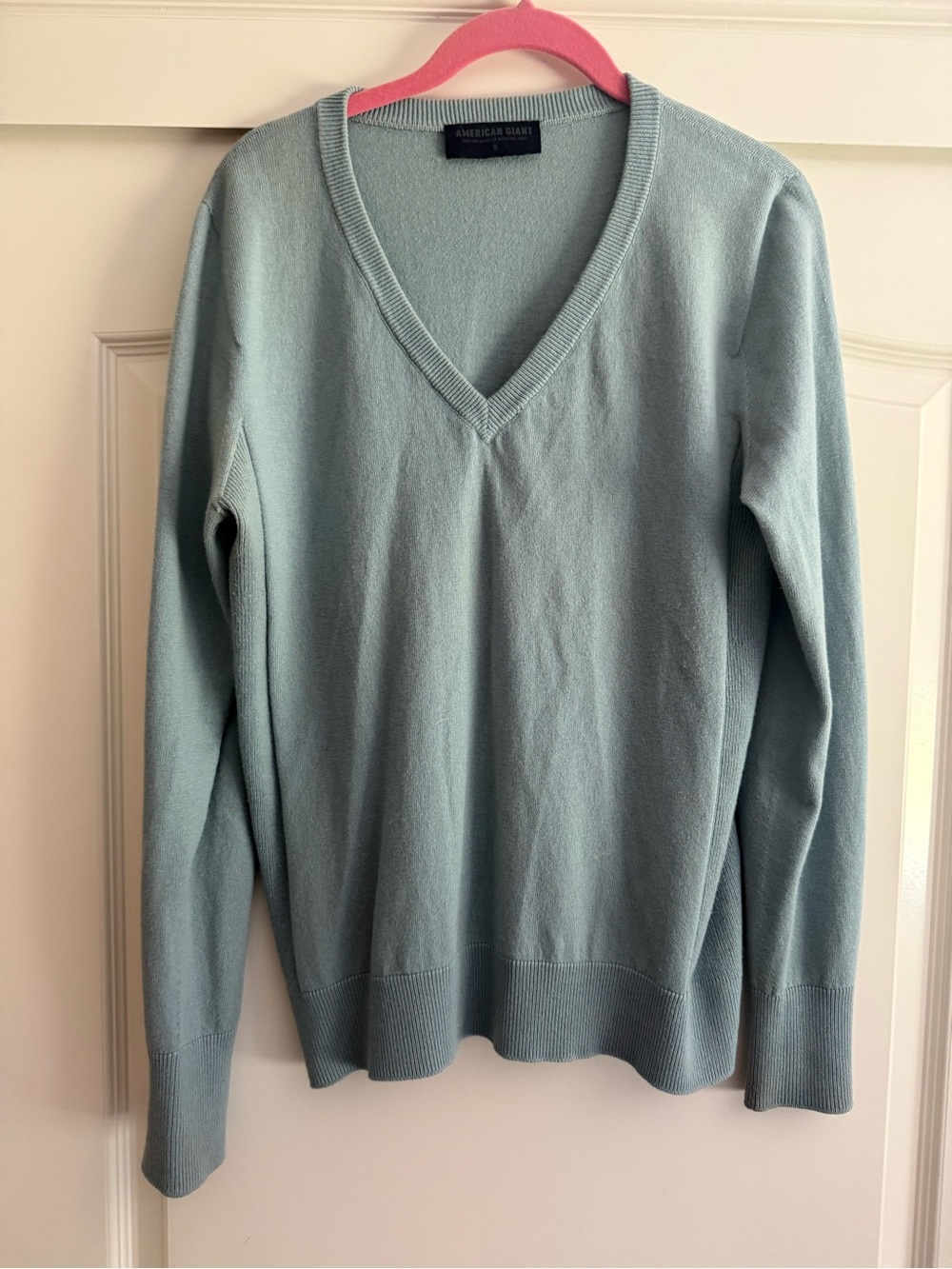 American Giant Blue V Neck Sweater Small Cotton